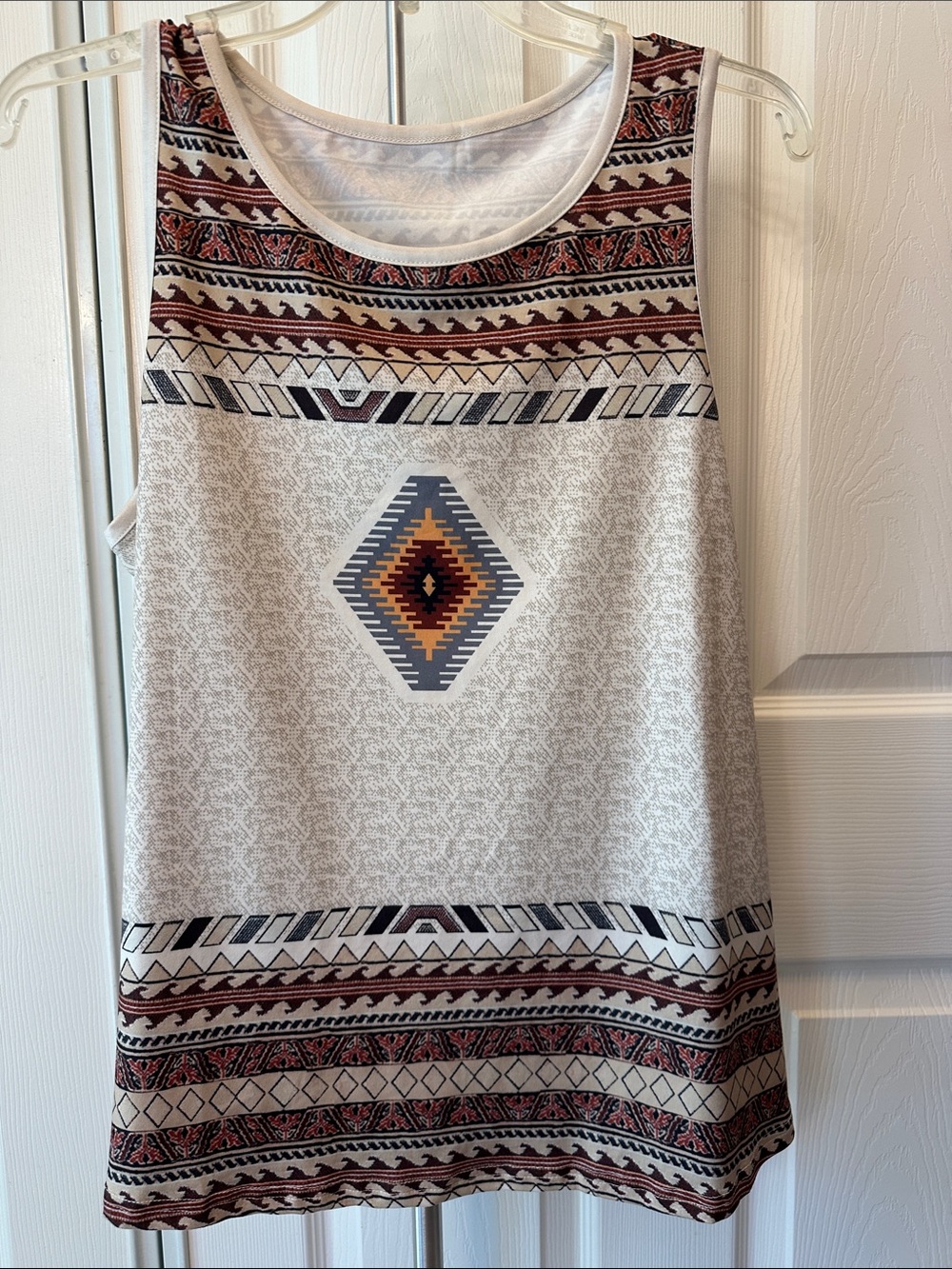 Tribal Print Sleeveless Tank Top in Ivory with Rust & Black Accents